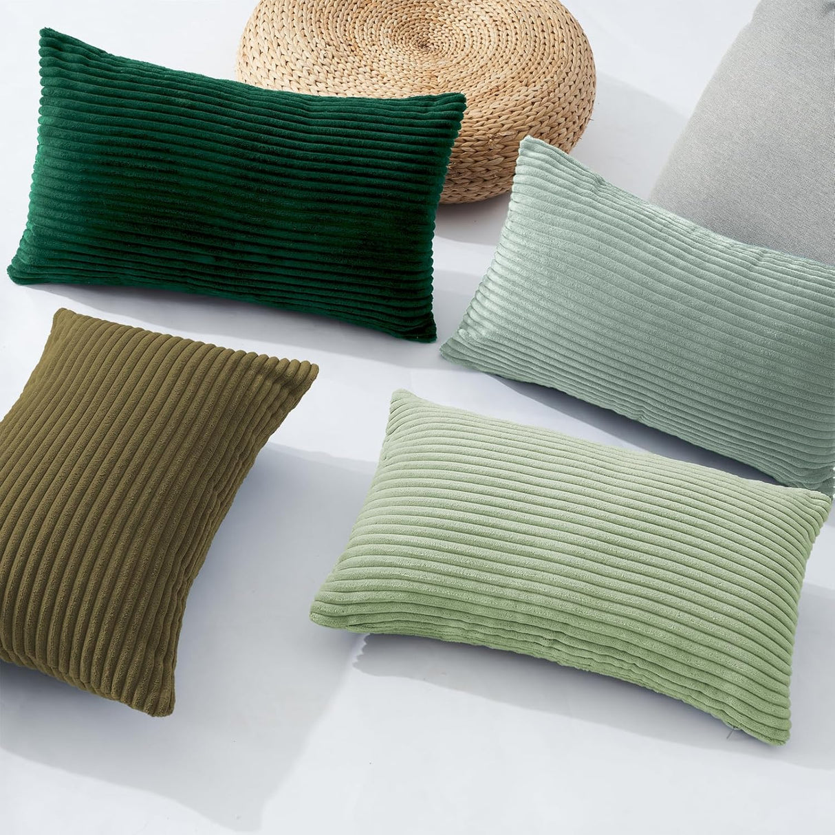 Corduroy Velvet Cushion Covers - Soft Velvet Fabric with Hidden Zipper - Stylish Mix of Green Shades, 30cm x 50cm (Pack of 4)