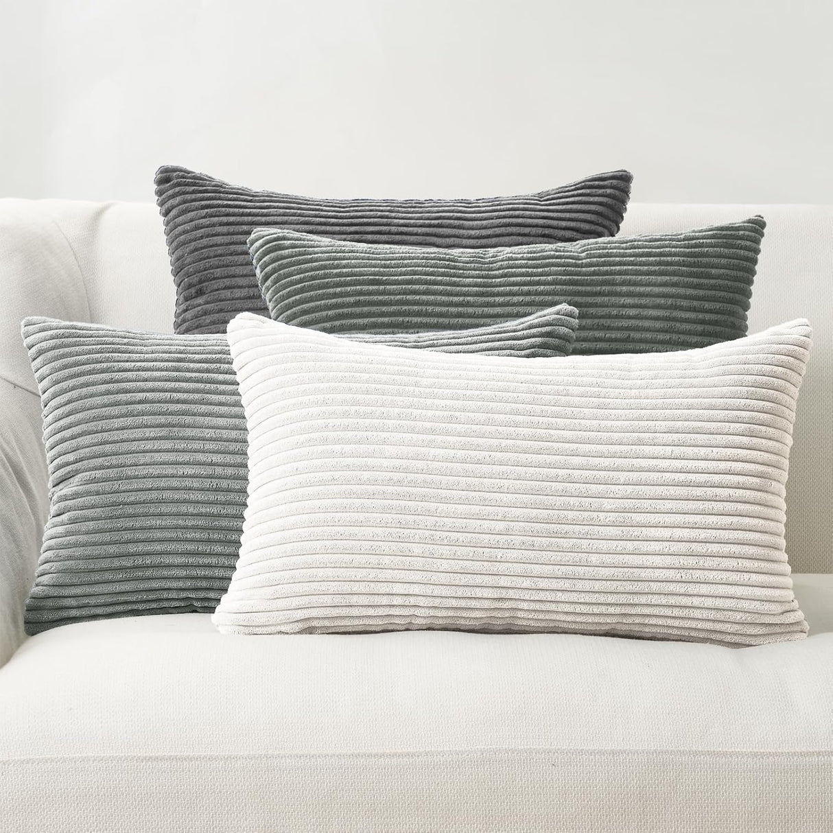 Corduroy Velvet Cushion Covers - Soft Velvet Fabric with Hidden Zipper - Stylish Mix of Grey Shades, 30cm x 50cm (Pack of 4)