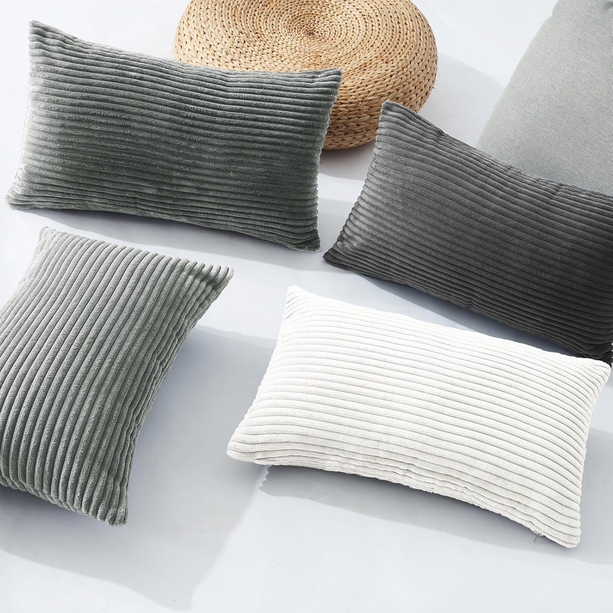 Corduroy Velvet Cushion Covers - Soft Velvet Fabric with Hidden Zipper - Stylish Mix of Grey Shades, 30cm x 50cm (Pack of 4)