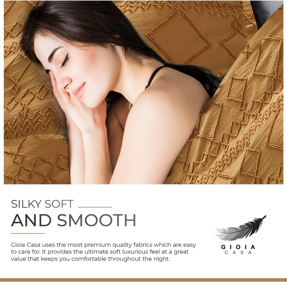 100% Premium Tufted Microfibre Quilt Cover Set - Ultra-Soft, Durable Embroidery Bedding Comforter Set - Machine Washable & Zipper Closure - Caramel - Queen