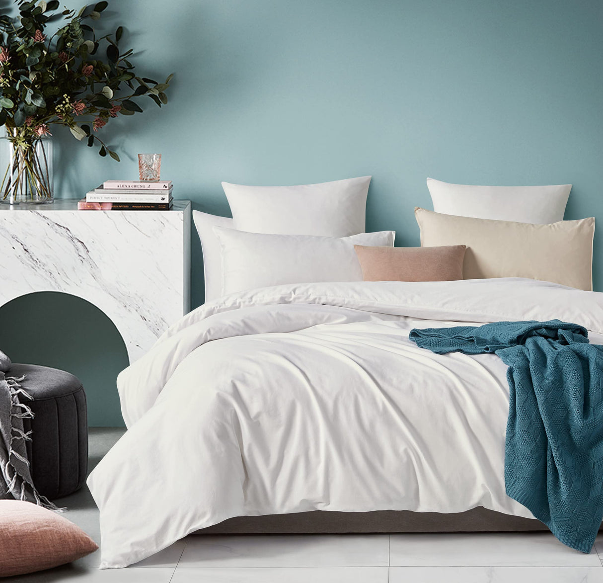 100% Cotton Vintage Washed Bed Quilt Cover Set - White - Queen Size