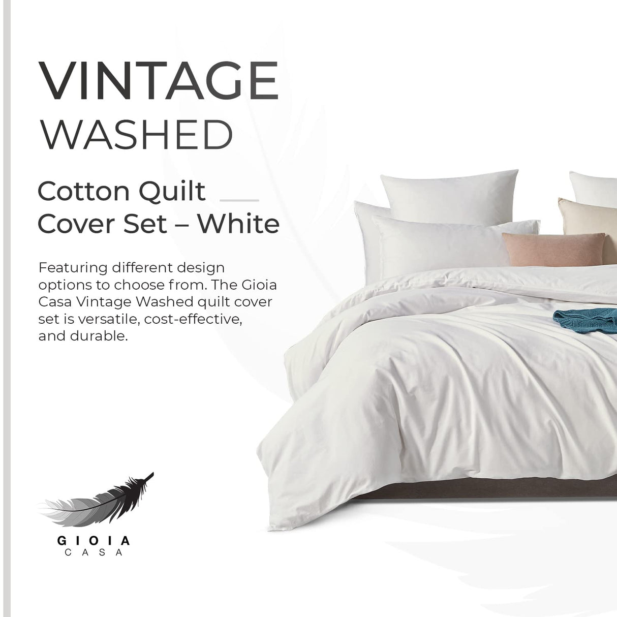 100% Cotton Vintage Washed Bed Quilt Cover Set - White - Queen Size