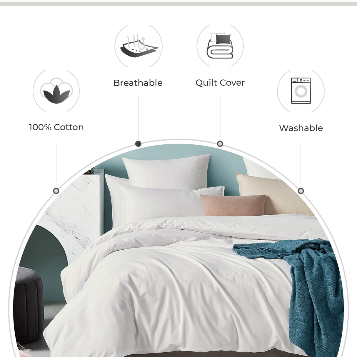 100% Cotton Vintage Washed Bed Quilt Cover Set - White - Queen Size