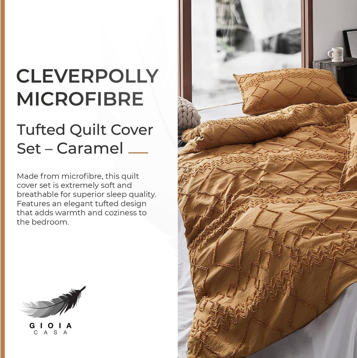 100% Premium Tufted Microfibre Quilt Cover Set - Ultra-Soft, Durable Embroidery Bedding Comforter Set - Machine Washable & Zipper Closure - Caramel - Super King