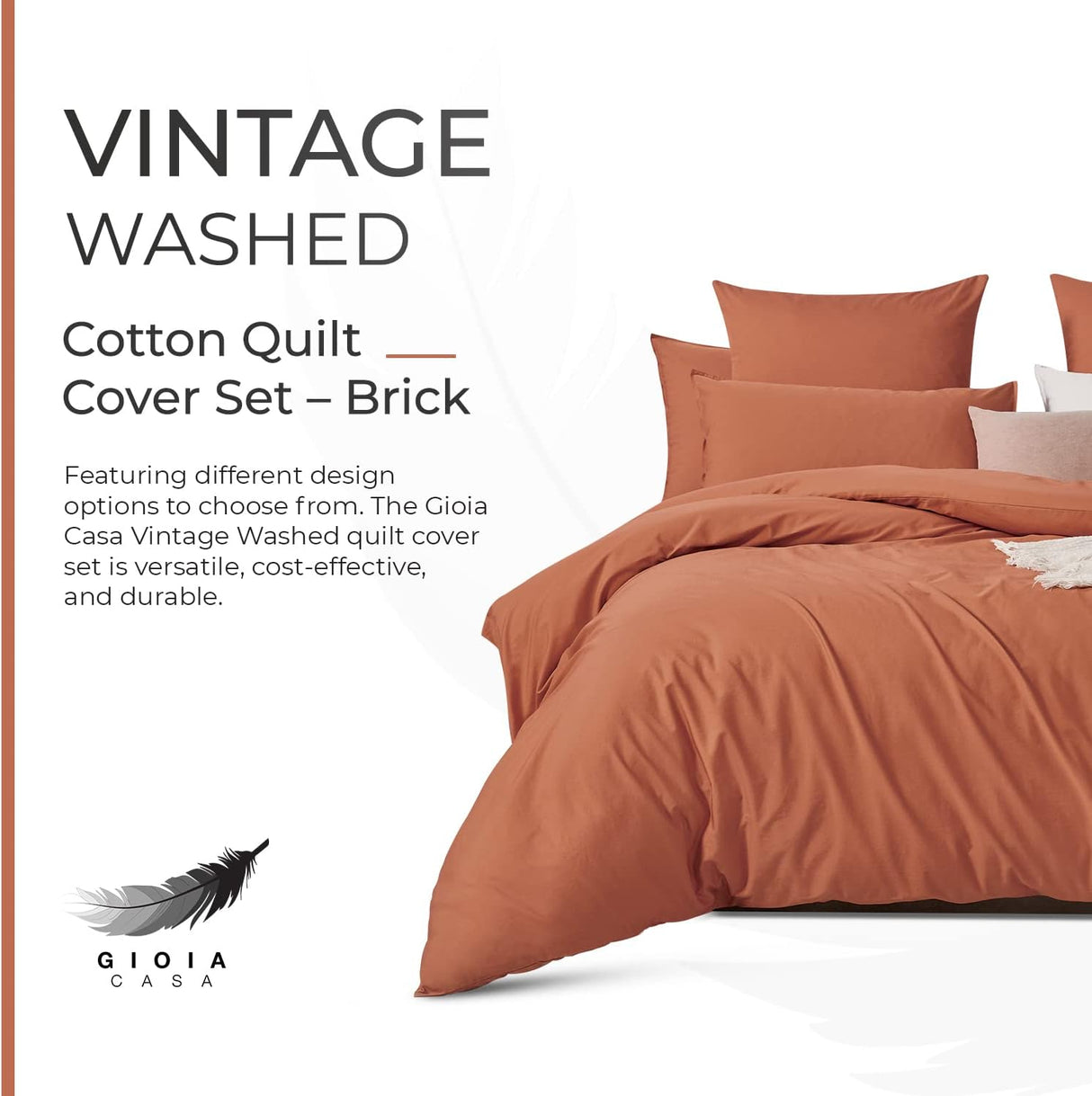 100% Cotton Vintage Washed Bed Quilt Cover Set - Brick - Super King Size