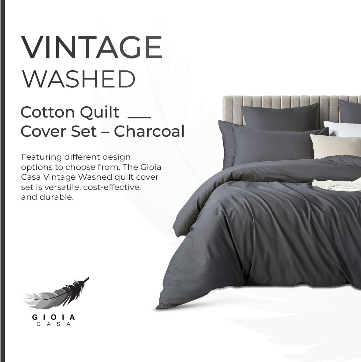 100% Cotton Vintage Washed Bed Quilt Cover Set - Charcoal - Super King Size