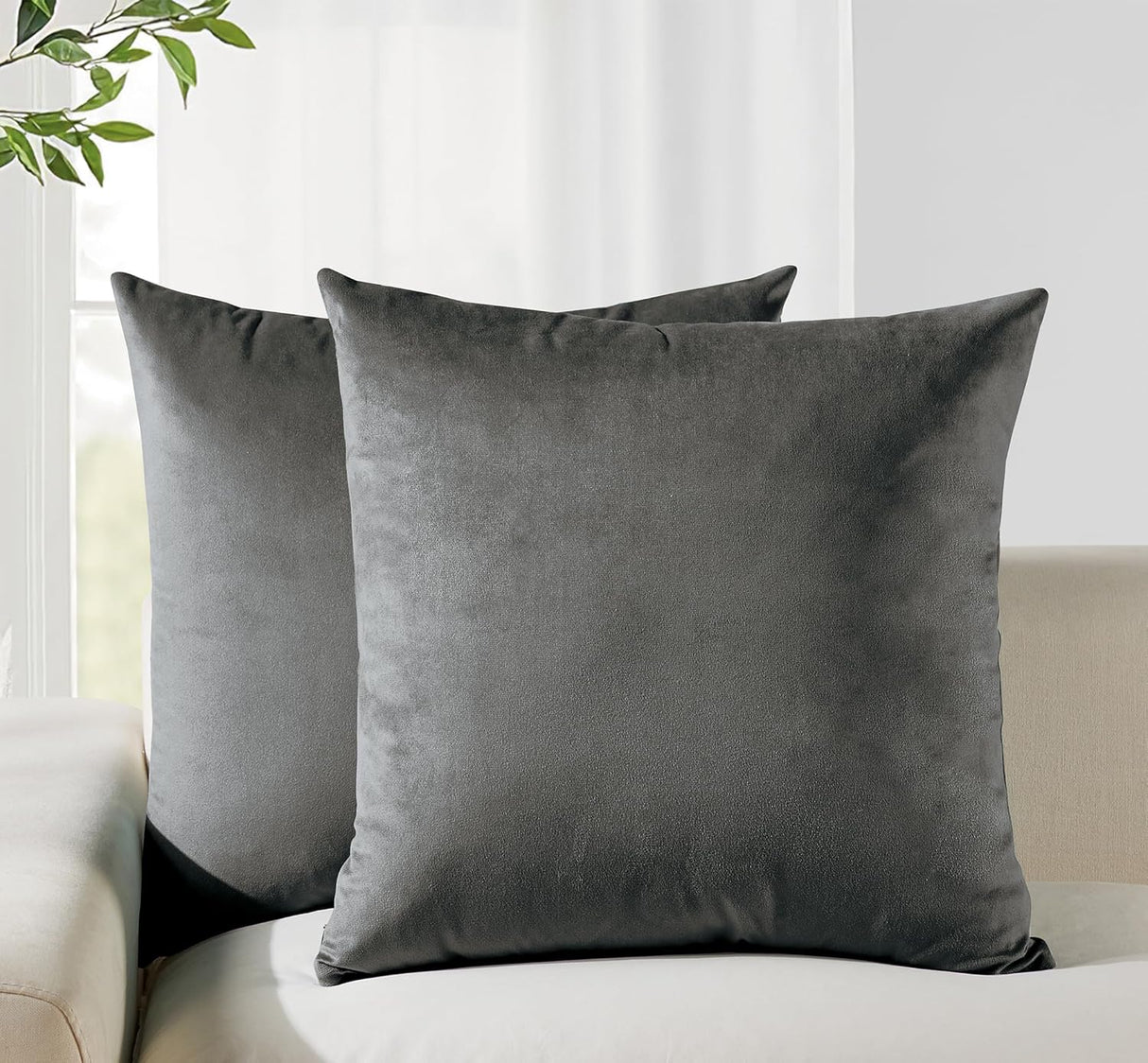 Twin-Pack Velvet Cushion Covers - Soft Microfibre Cushion Covers with Hidden Zipper (Dark Grey, 45cm*45cm)