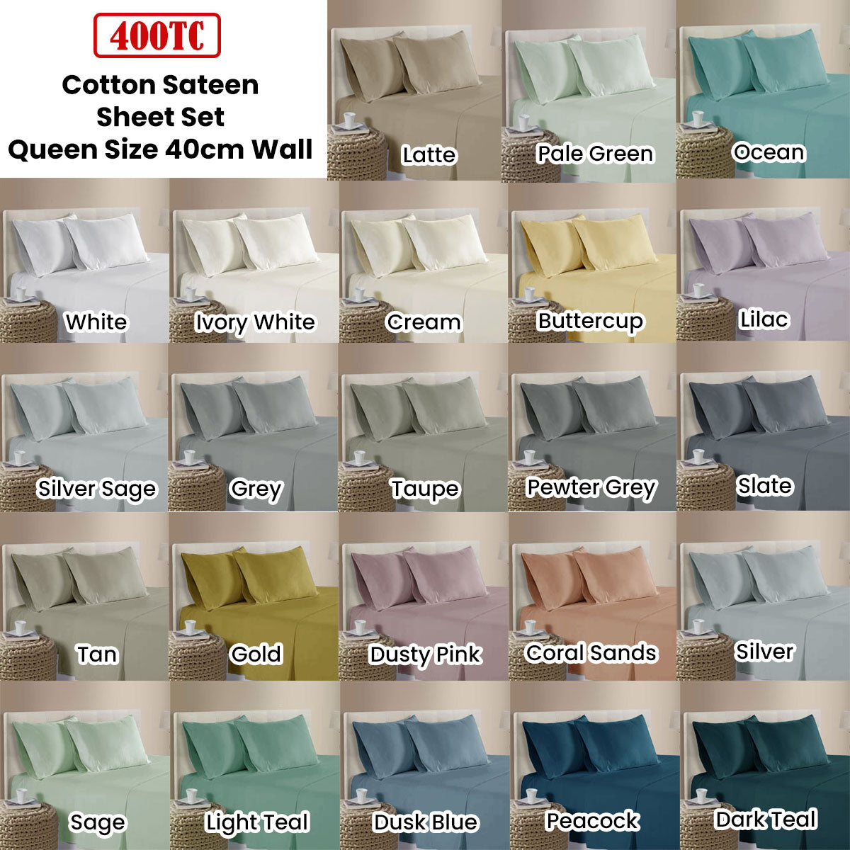 400TC 100% Cotton Sateen Premium Sheet Set 40cm Wall Cream Queen