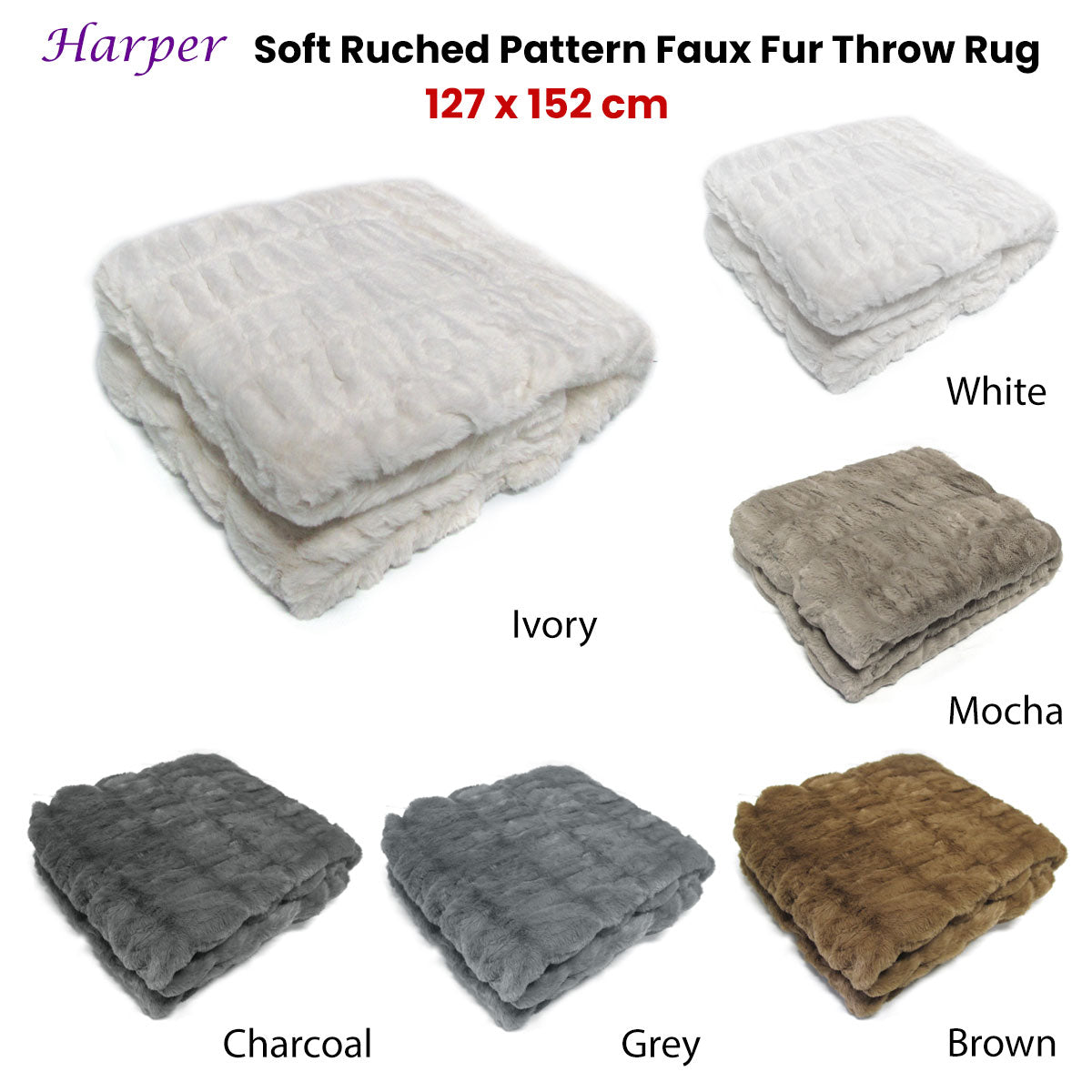 Harper Soft Ruched Pattern Faux Fur Throw Rug 127 x 152 cm Brown