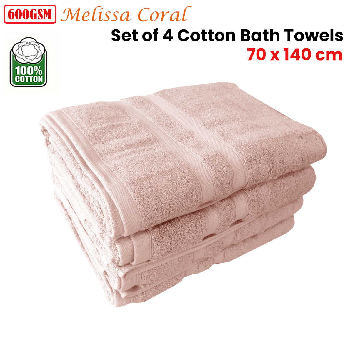 600GSM Set of 4 Melissa 100% Cotton Bath Towels Coral 70 x 140 cm