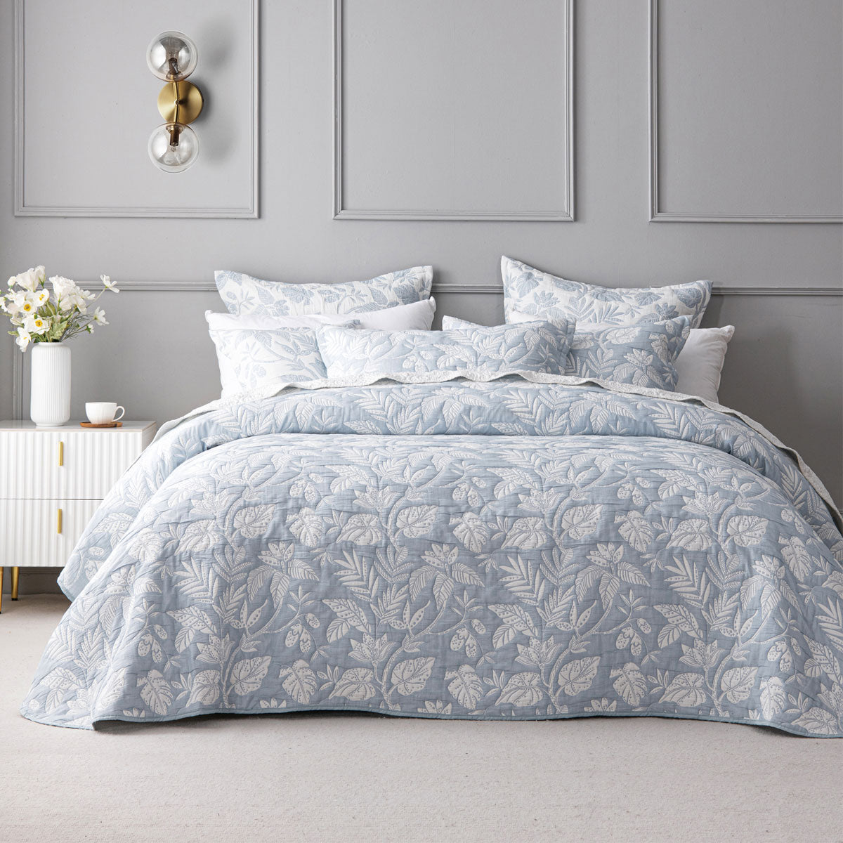 Bianca Laurieton Blue Jacquard Botanical Bedspread Set Single