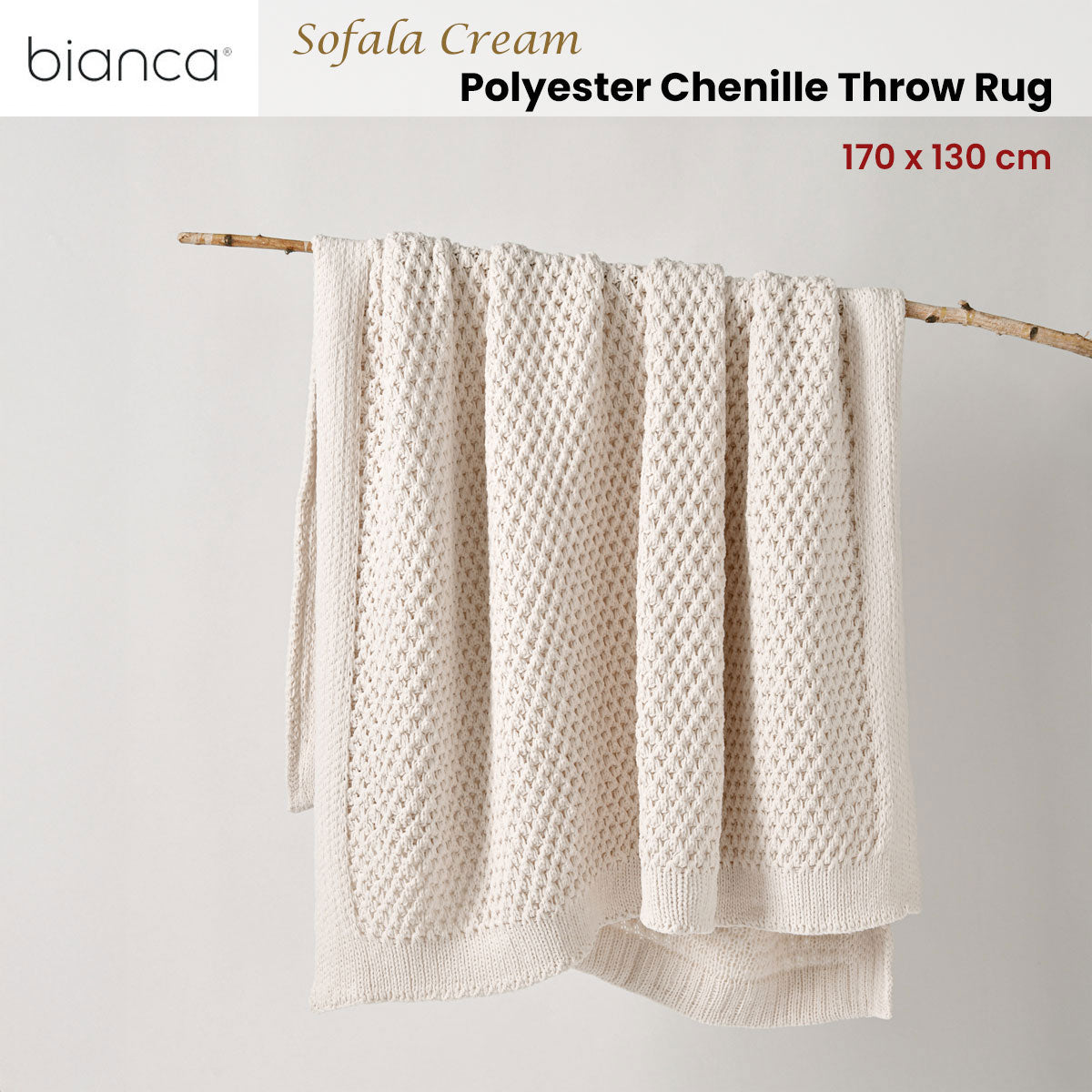 Bianca Sofala Cream Polyester Chenille Throw Rug 130 x 170 cm