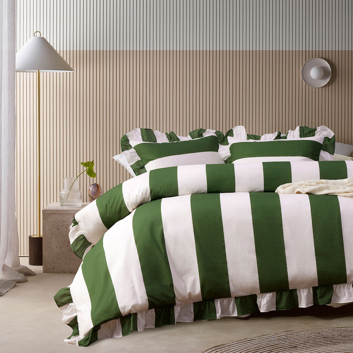 Vintage Design Homewares Candy Ruffle Green Striped Washed Cotton Quilt Cover Set King