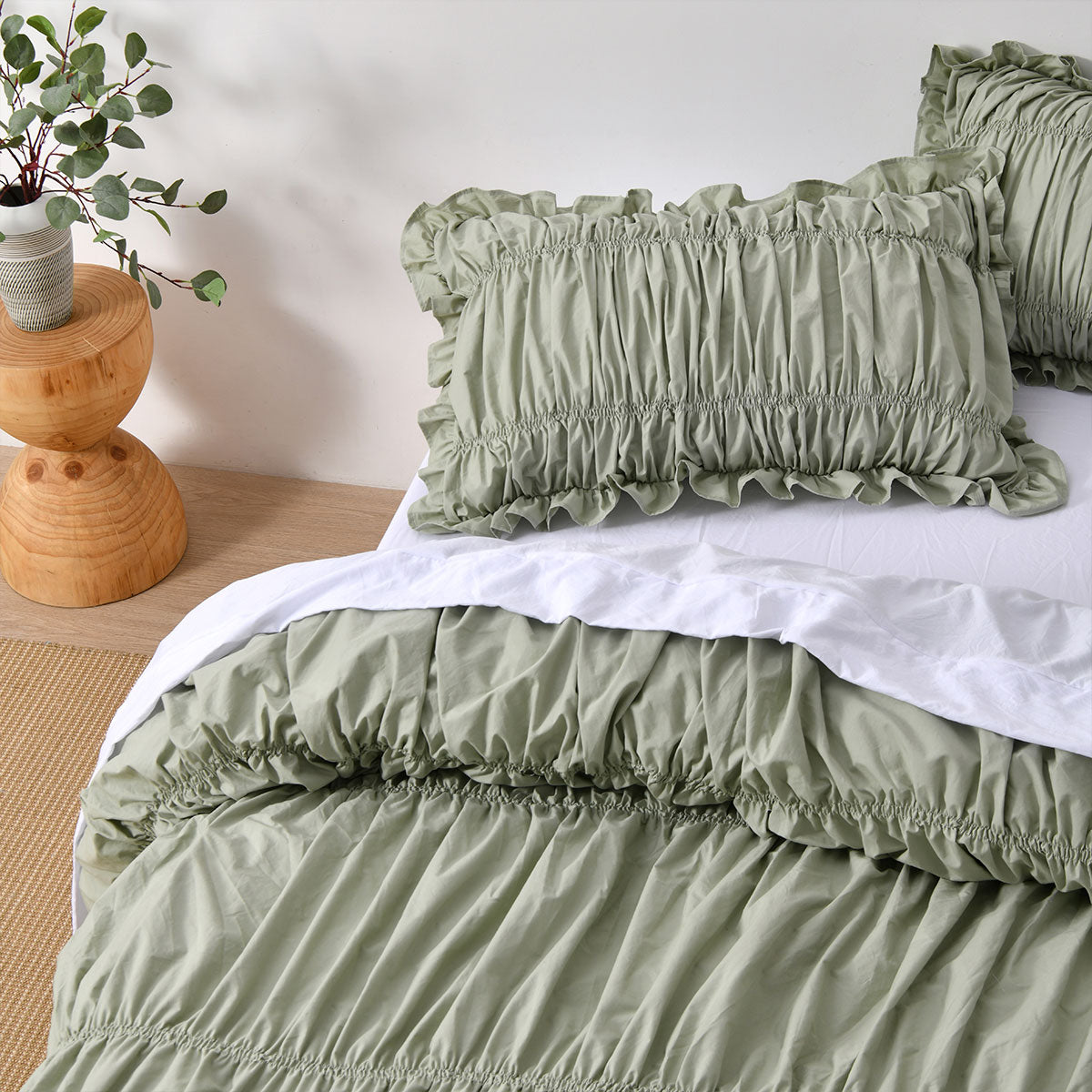 Vintage Design Homewares Haven Sage Washed Cotton Ruched Quilt Cover Set Double