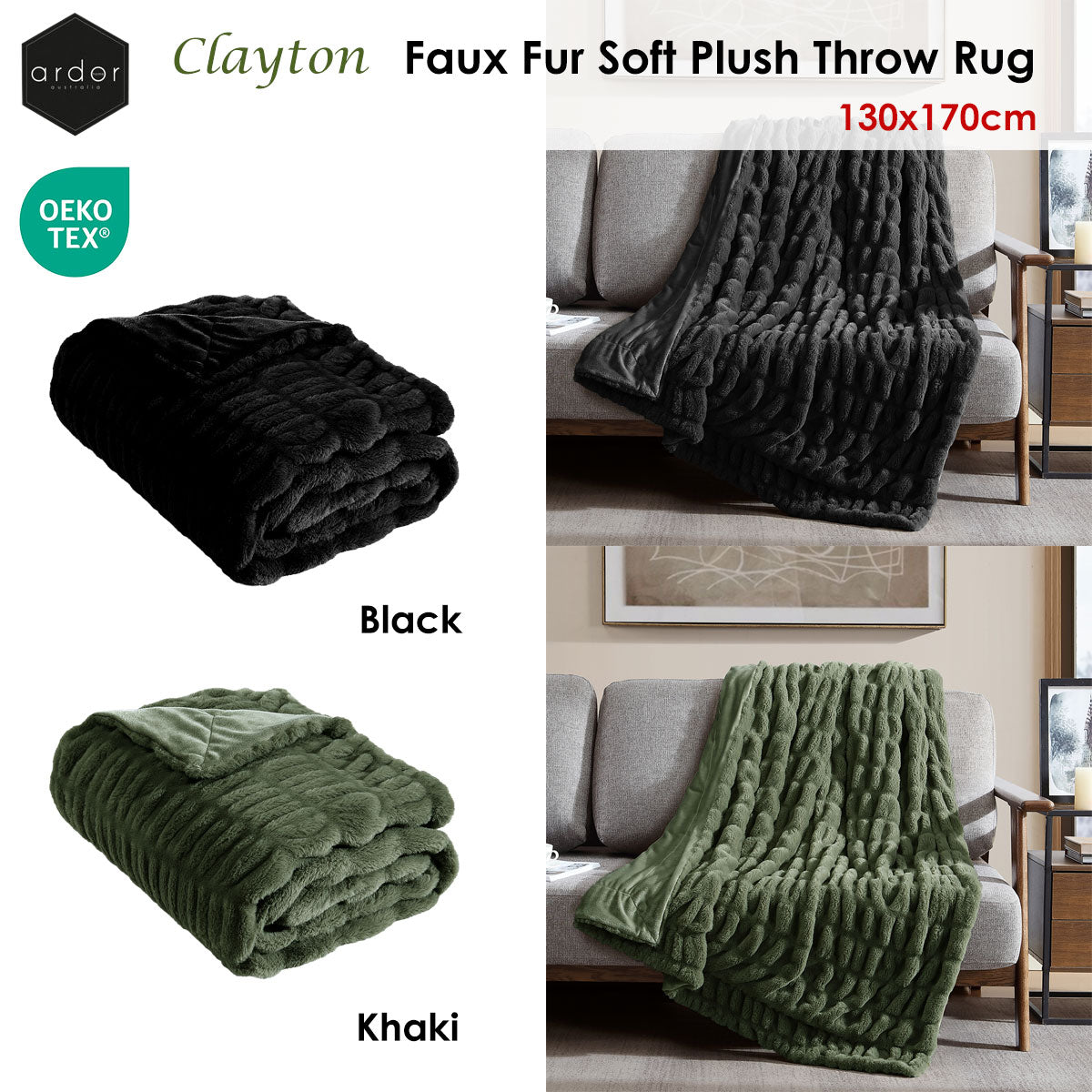 Ardor Clayton Faux Fur Soft Plush Throw Rug 130x170cm Black