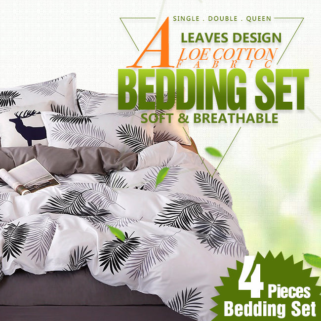 Palm Leaves Pattern Aloe Cotton Flat Sheet Quilt Cover Pillowcases 4pcs Bedding Set (Queen)