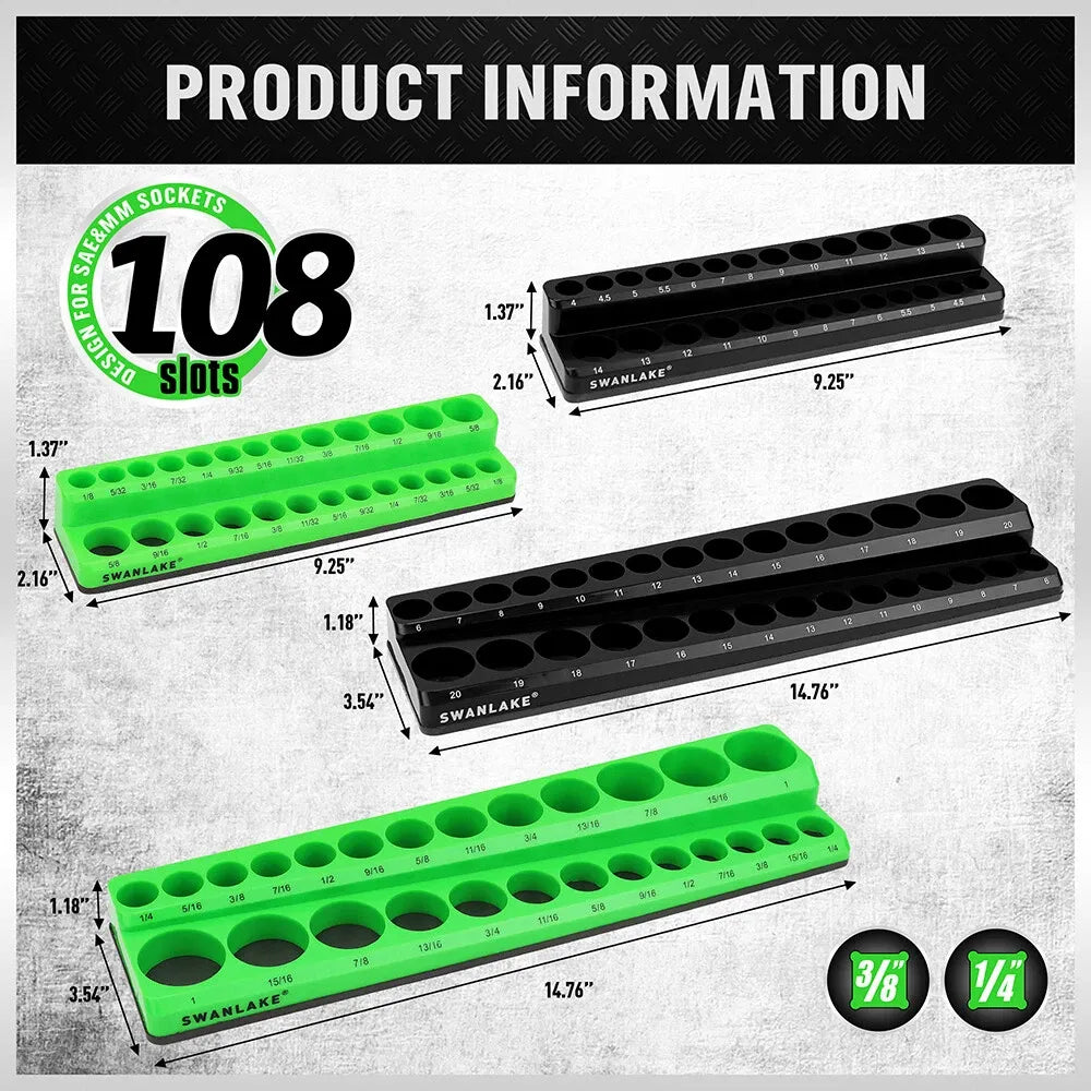 SWANLAKE 4-Piece Magnetic Socket Organizer Tray SAE Metric Socket Holder Tray Drive Socket