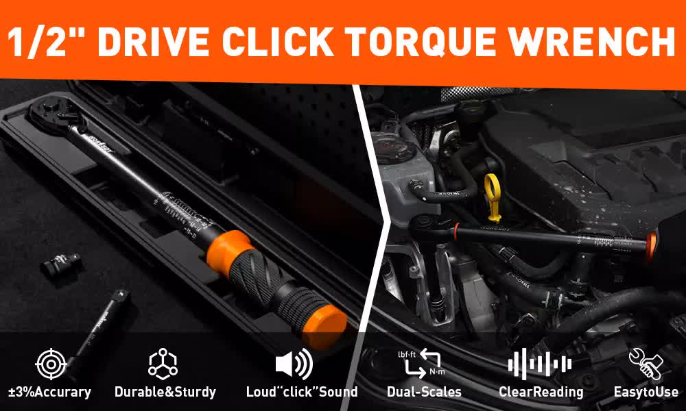 3Pc 1/2" Drive Click Torque Wrench Ratchet Socket Adaptor Extension WorkShop