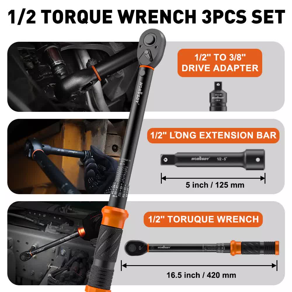 3Pc 1/2" Drive Click Torque Wrench Ratchet Socket Adaptor Extension WorkShop