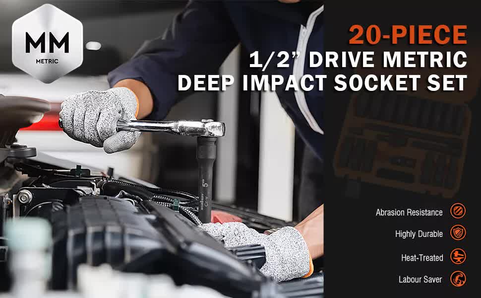 19Pc Deep Socket Set Impact 1/2" Drive Extension Bars Flexible Adapter 10-24mm