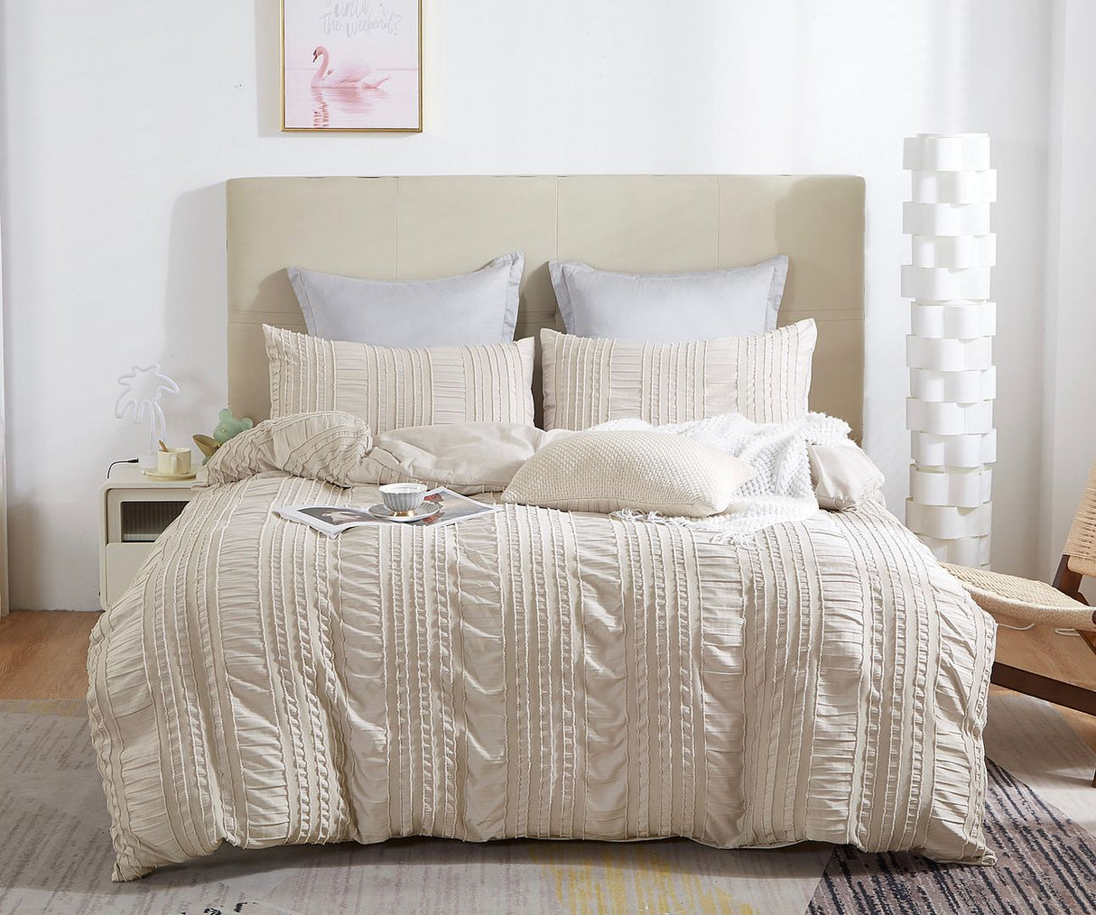 Tufted Boho Striped Embroidery Quilt/Doona/Duvet Cover Set - Queen Size