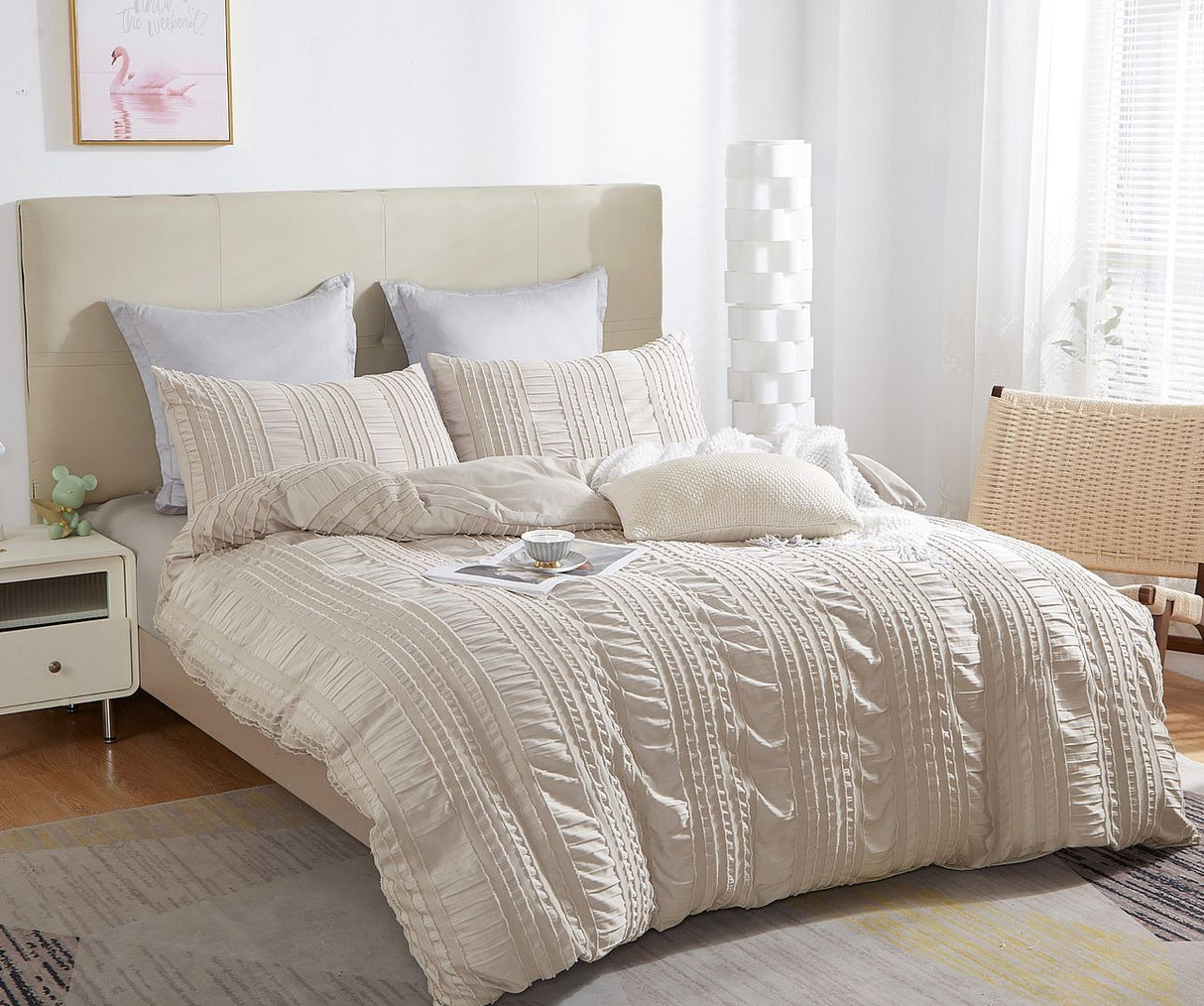 Tufted Boho Striped Embroidery Quilt/Doona/Duvet Cover Set - Super King Size