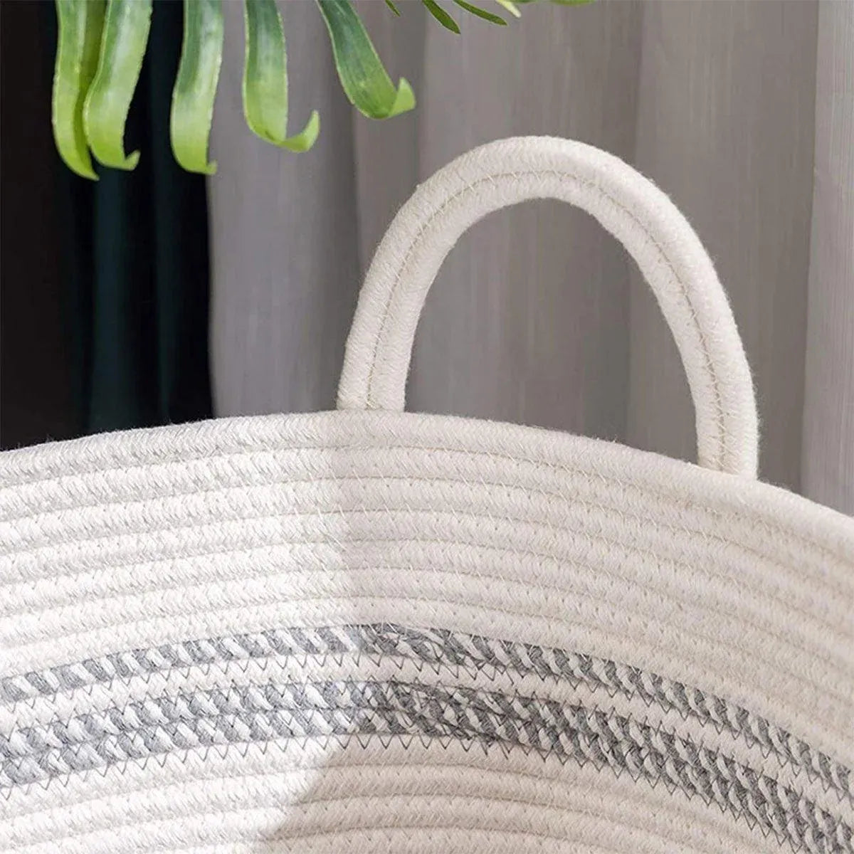 Woven Cotton Rope Storage Basket Foldable Laundry Bin Bamboo Clothes Organizer - White Brown