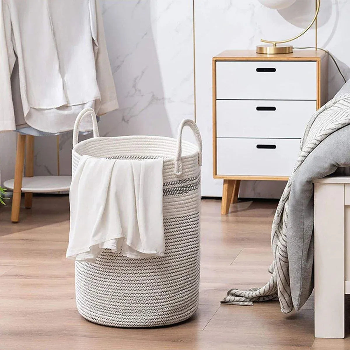 Woven Cotton Rope Storage Basket Foldable Laundry Bin Bamboo Clothes Organizer - White Brown