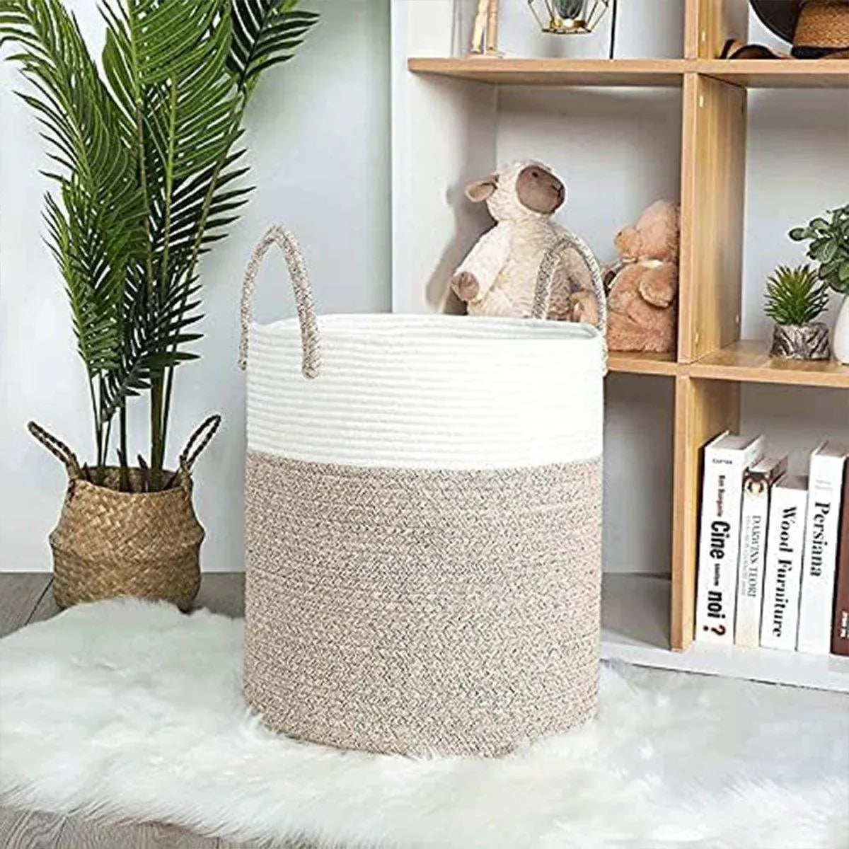 Woven Cotton Rope Storage Basket Foldable Laundry Bin Bamboo Clothes Organizer - White Brown