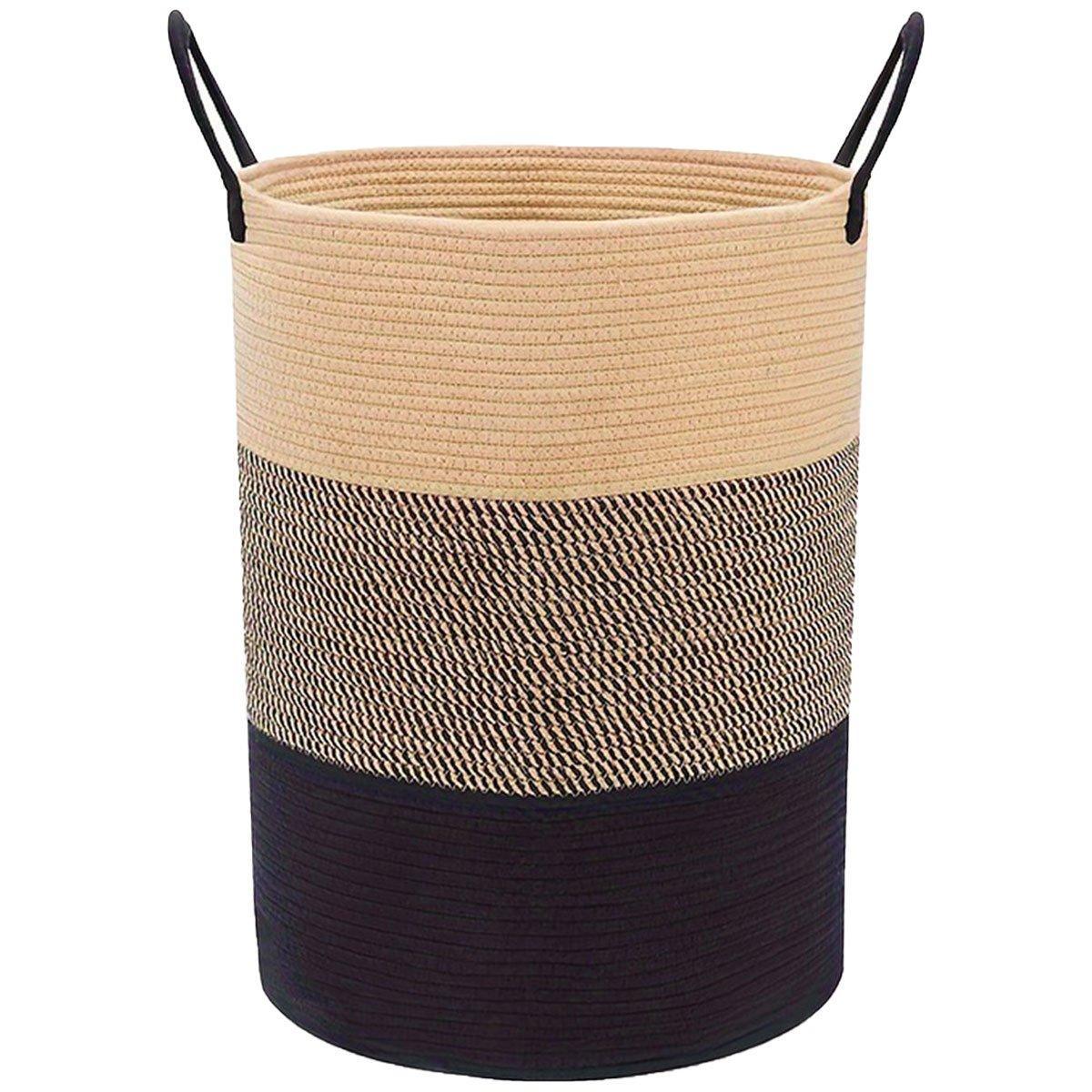 Woven Cotton Rope Storage Basket Foldable Laundry Bin Bamboo Clothes Organizer - White Brown