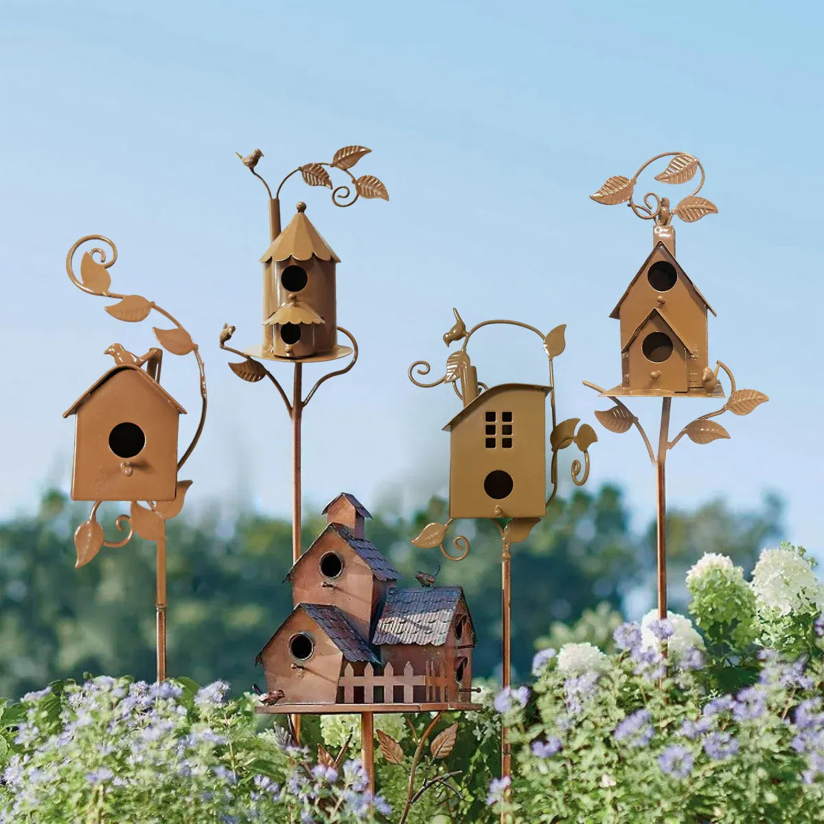 Birdhouse Garden Stakes Outdoor Yard Ornaments for Lawn and Garden Decoration - D