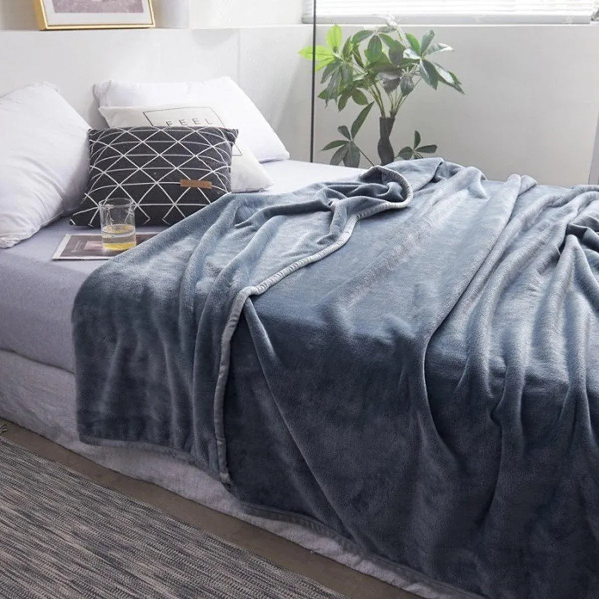 Soft Winter Flannel Blanket for Office Home Lunch Break Warm Cozy Throw Blanket - Grey Blue