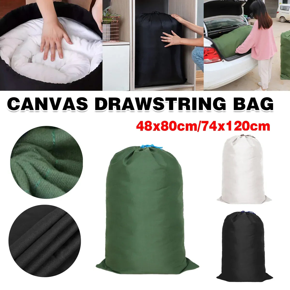 Canvas Drawstring Large Bag Pouch Clothes Craft Storage Laundry - Black-48X80cm