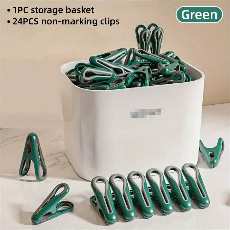 24pcs Clothes Pegs with Storage Basket Laundry Sock Clips Non Slip Drying Hanger - Green