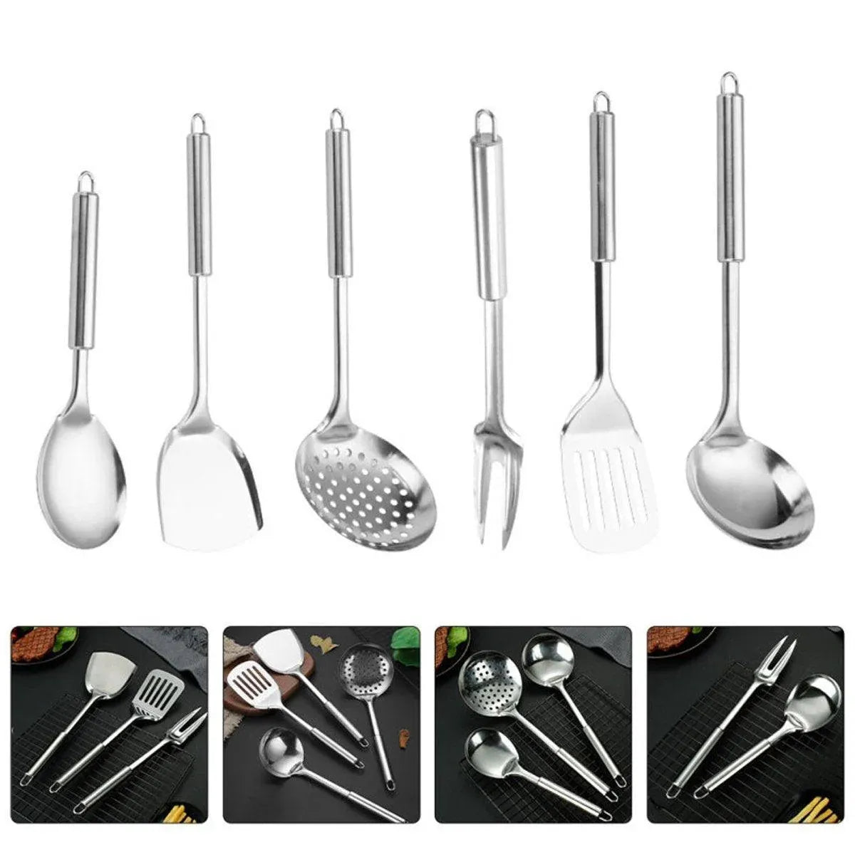 6PCS Stainless Steel Kitchen Utensil Set with Frying Spatula Colander and Spoon