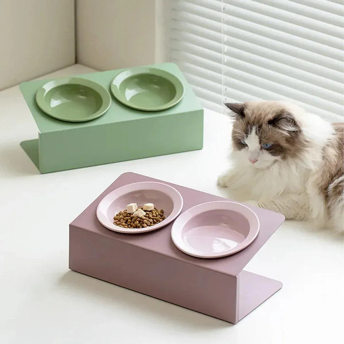 Ceramic Slanted Double Pet Bowl Cat Dog Food Water Bowl Non-Slip Feeding Dish - Purple
