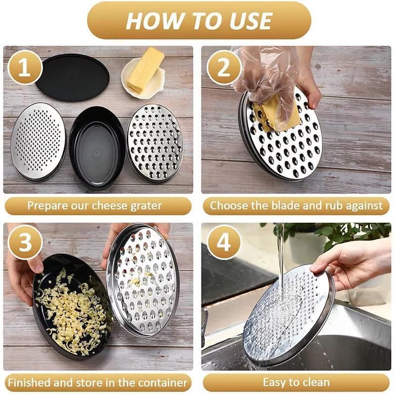 Stainless Steel Kitchen Cheese Grater with Container Storing Fruits Cheese Box - Grey