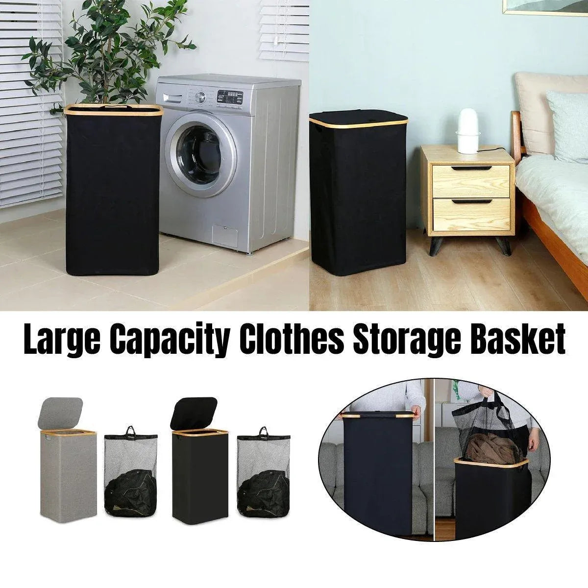 Bathroom Laundry Basket Large Clothes Hamper Dirty Laundry Storage Organizer - Black