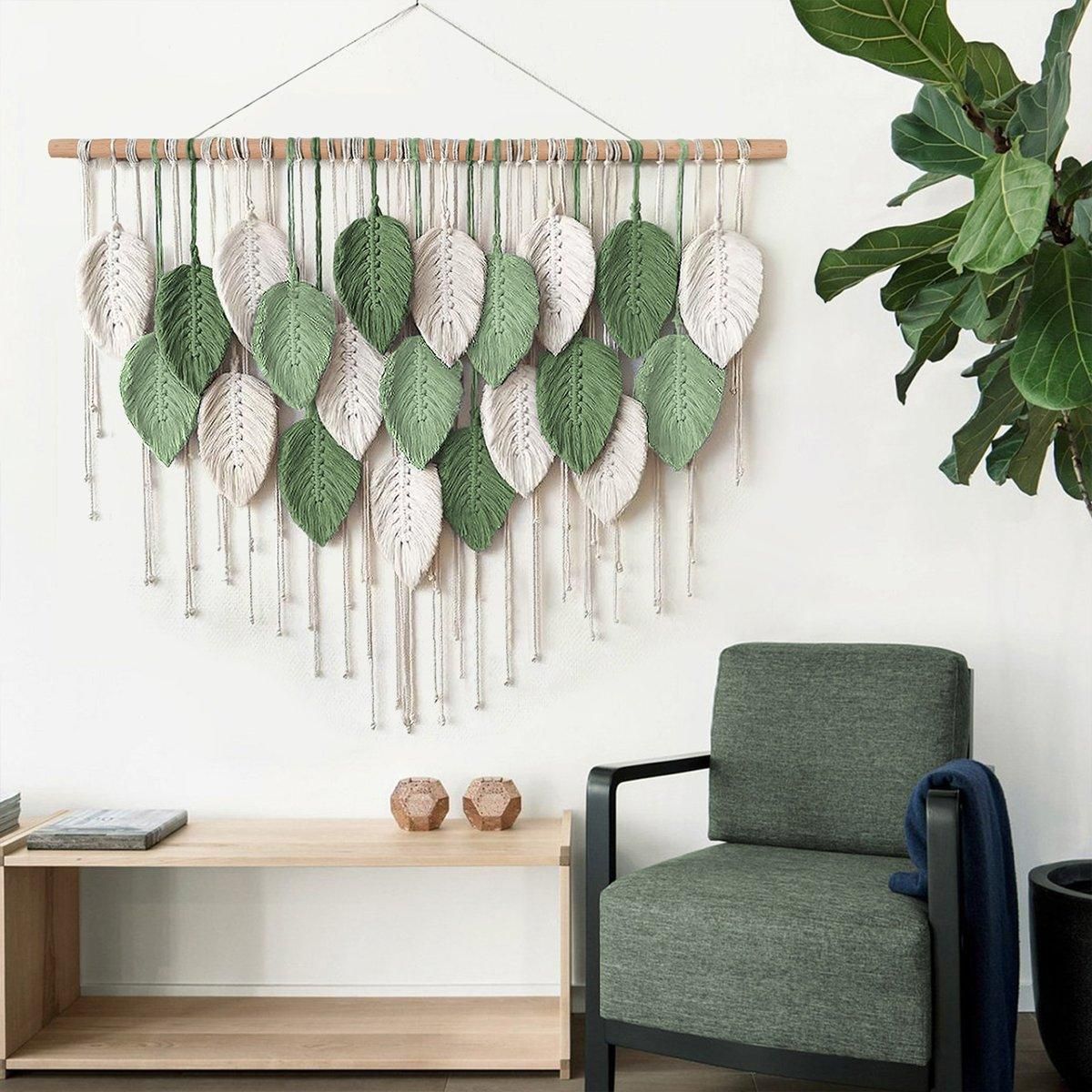 Cotton Rope Woven Leaves Tapestry Wall Hanging for Living Room Bedroom Decor