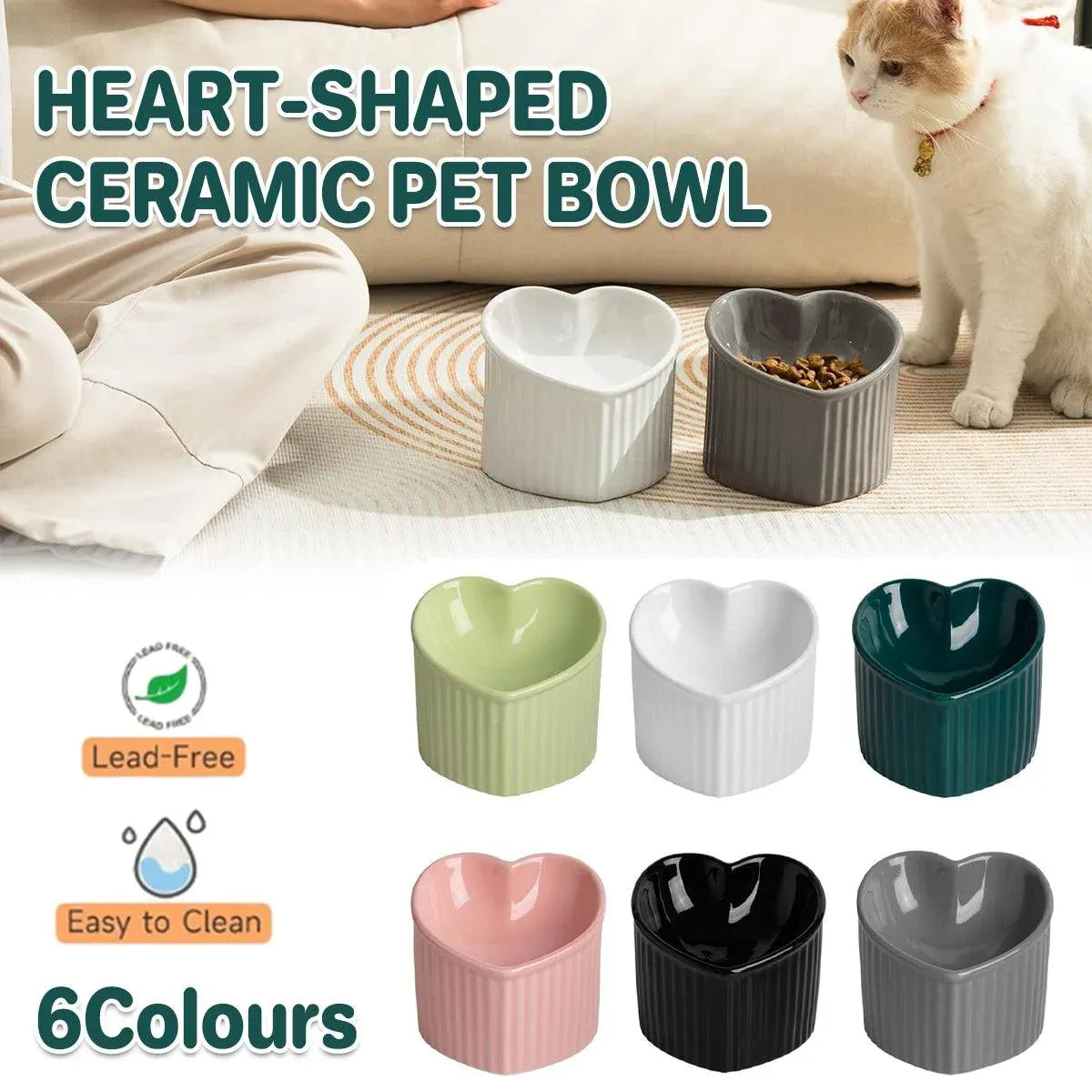 Love Shape Slanted Cat Bowl Ceramic Pet Bowl for Cats Food Water Feeding Dish - Black