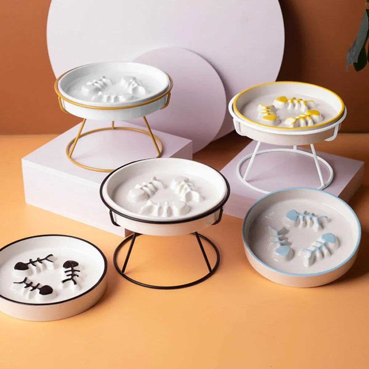 Ceramic Cat Bowl Slow Feeder Pet Food Tray for Cats and Dogs Non Slip Design - Yellow Bowl-White Tray Rack