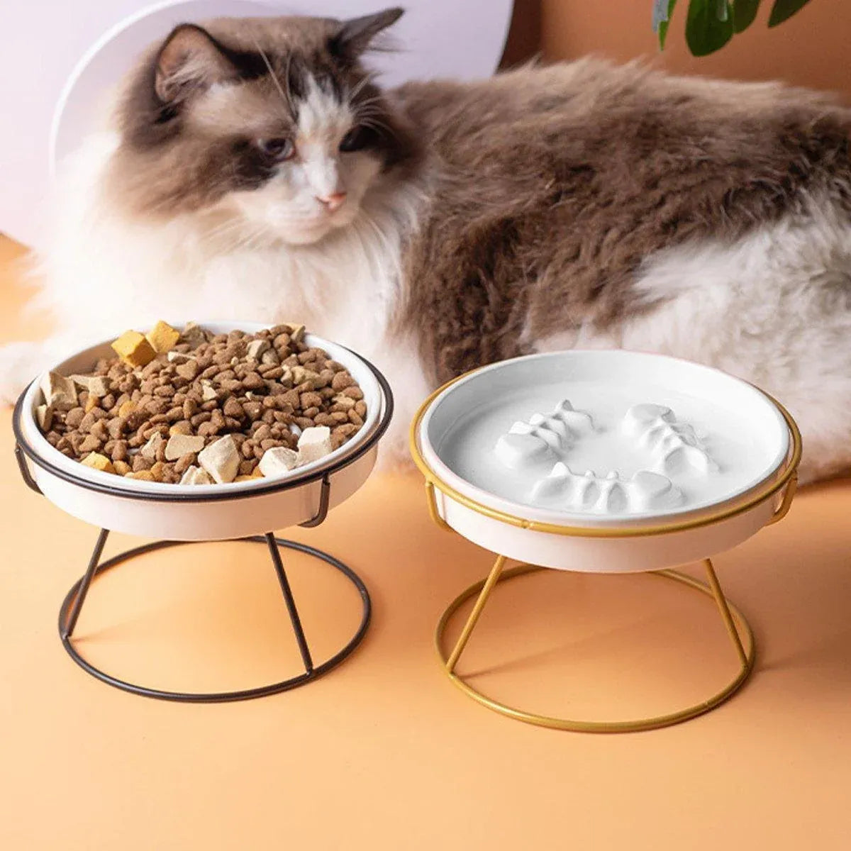 Ceramic Cat Bowl Slow Feeder Pet Food Tray for Cats and Dogs Non Slip Design - Yellow Bowl-White Tray Rack
