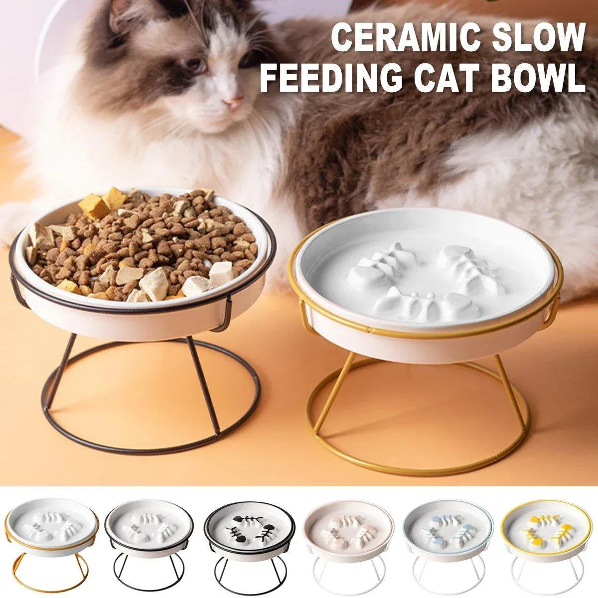 Ceramic Cat Bowl Slow Feeder Pet Food Tray for Cats and Dogs Non Slip Design - Yellow Bowl-White Tray Rack