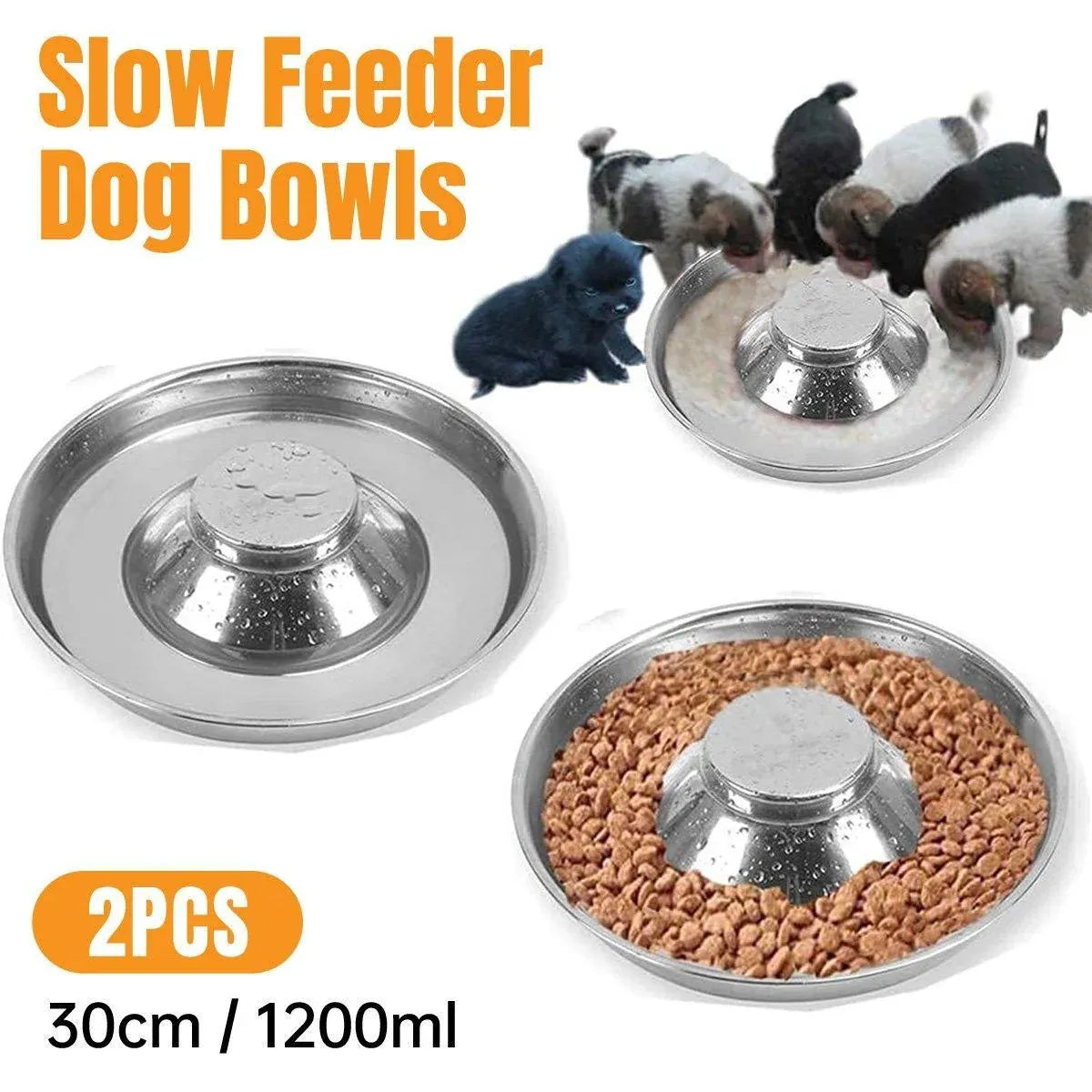 2pcs Stainless Steel Dog Cat Slow Feeder Pet Food Bowl Non-Slip Stop Eating Dish