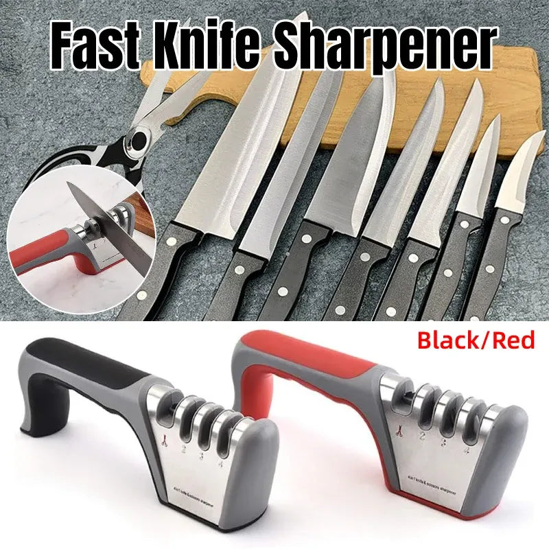 Four Stage Knife Sharpener Multifunction Kitchen Blade Sharpening Tool Quick Use - Red