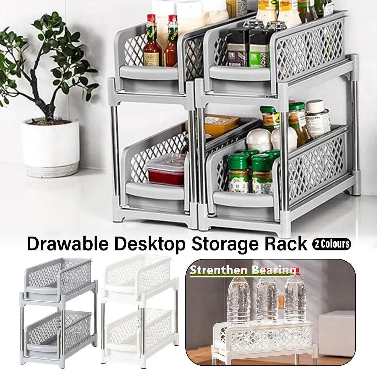 Bathroom Kitchen Sink Storage Rack Drawer Plastic Shelf Seasoning Holder - Grey