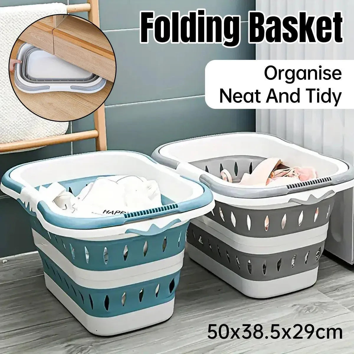 Large Folding Laundry Basket Plastic Dirty Clothes Hamper Blue Bathroom Storage - Blue