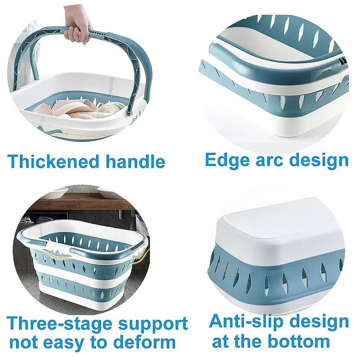 Large Folding Laundry Basket Plastic Dirty Clothes Hamper Blue Bathroom Storage - Grey