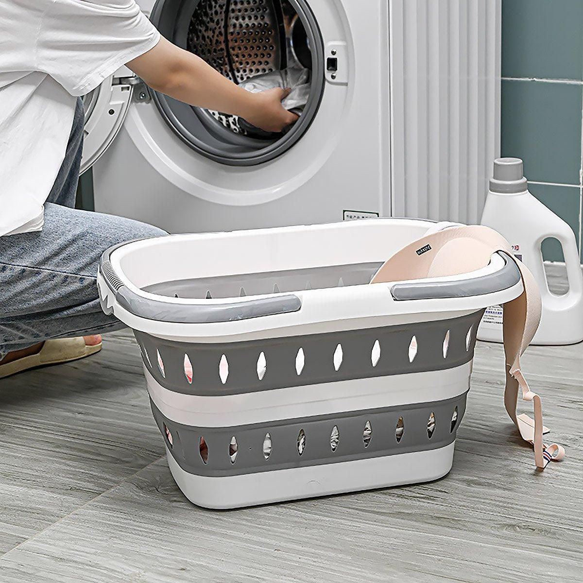 Large Folding Laundry Basket Plastic Dirty Clothes Hamper Blue Bathroom Storage - Grey