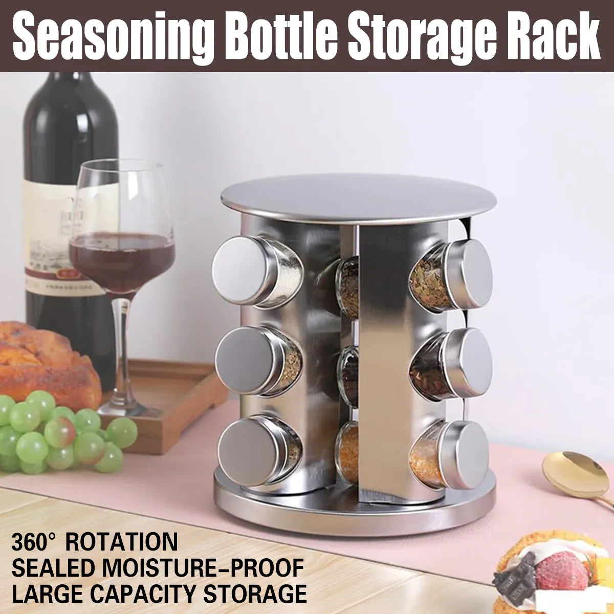 Stainless Steel Rotating Spice Rack Organizer Kitchen Seasoning Jar Holder Use
